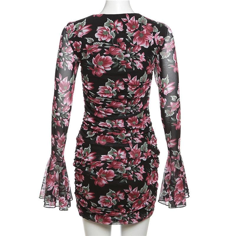 Floral Print Sweetheart Cutout Sheer Mesh Bell Sleeve Ruched Mini Dress 4