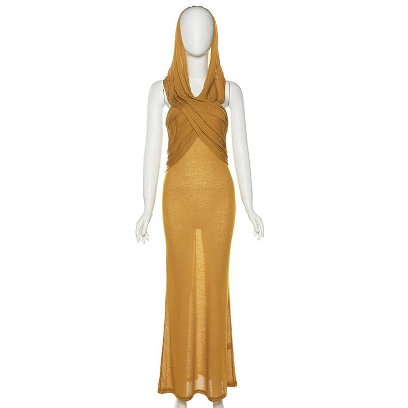 Hooded Cross Halter Ruched Sheer Overlay Bodycon Maxi Dress 11