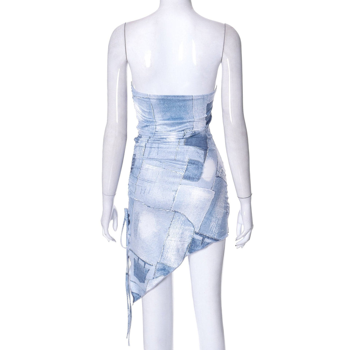 Strapless Denim Patchwork Ruched Drawstring Asymmetric Hem Mini Dress 4