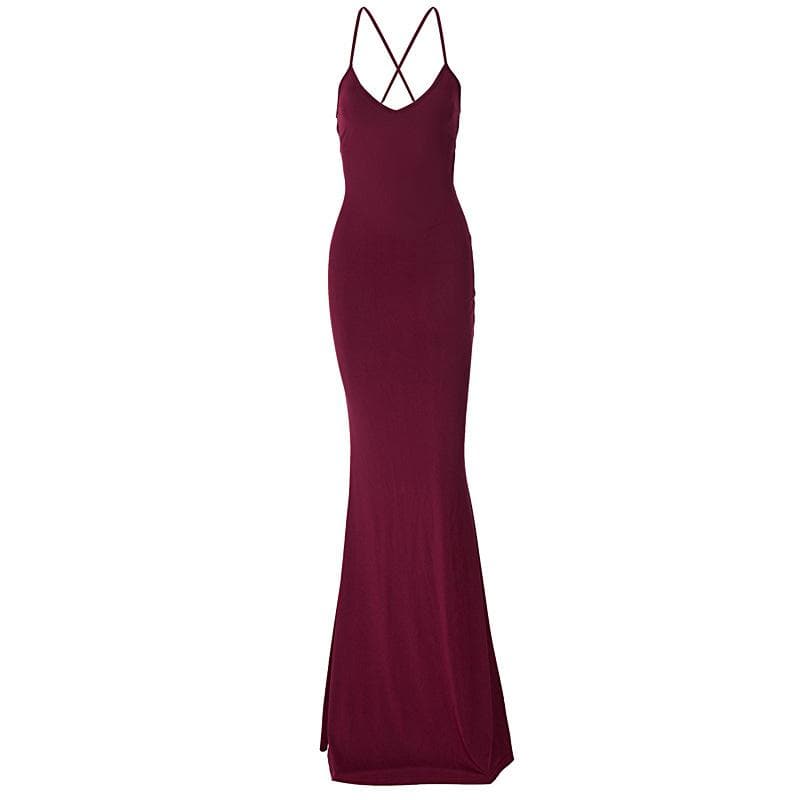 Deep V-Neck Cross Back Spaghetti Strap Bodycon Maxi Dress