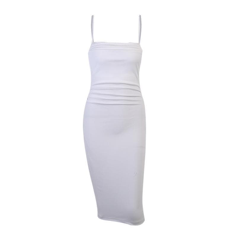 Square Neck Spaghetti Strap Ruched Waist Bodycon Midi Dress
