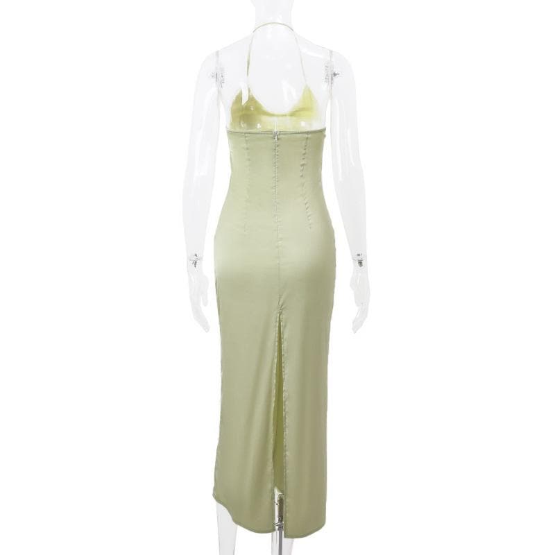 Halter Neck Applique Lace Trim Ruched Satin Column Maxi Dress 3