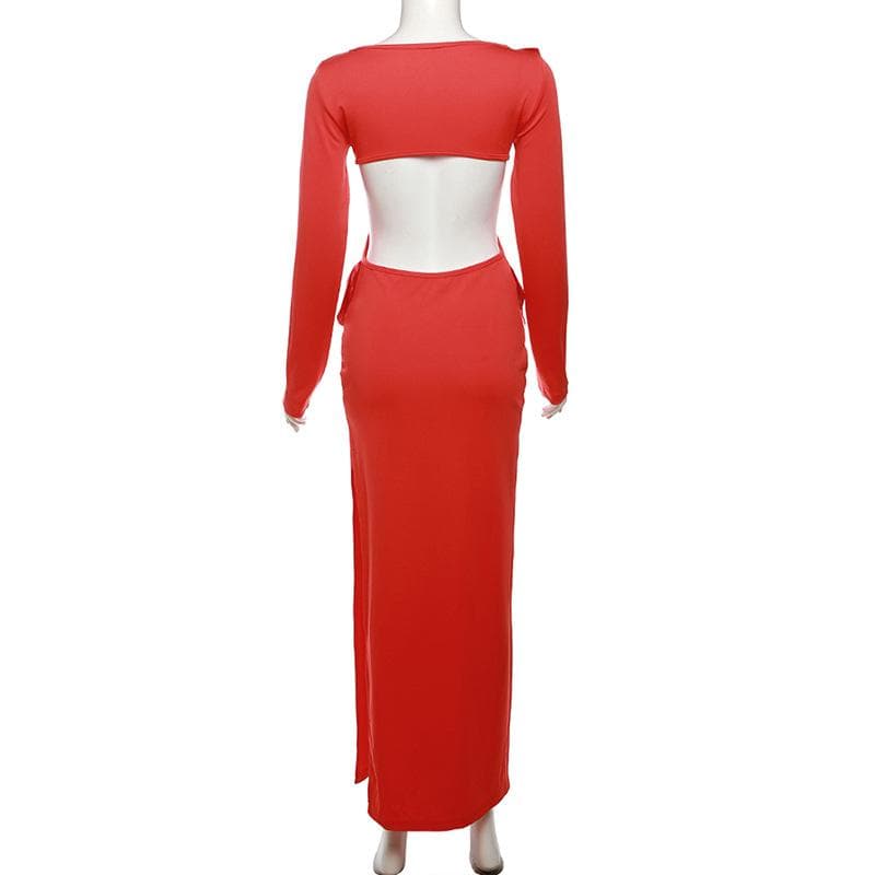 Long Sleeve Side Cutout Bow Detail Bodycon Maxi Dress 4