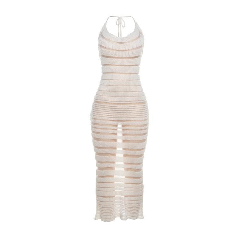 Halter Tie Neck Sheer Stripe Crochet Knit Bodycon Maxi Dress
