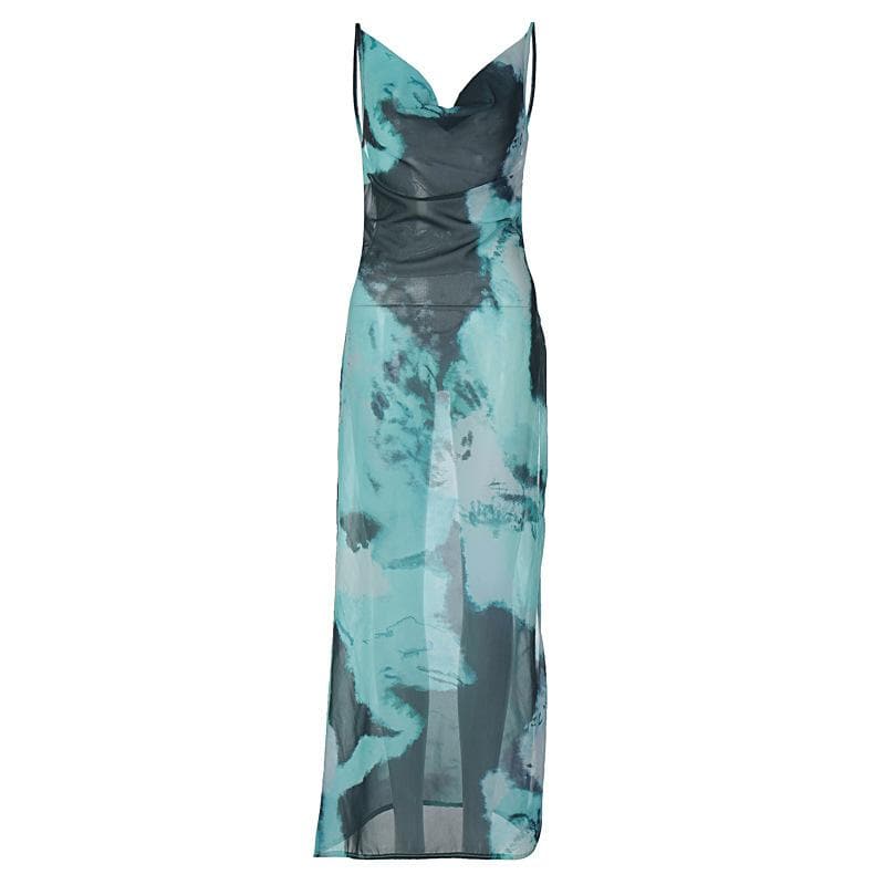 Abstract Tie Dye Print Cowl Neck Spaghetti Strap High Slit Maxi Dress 2