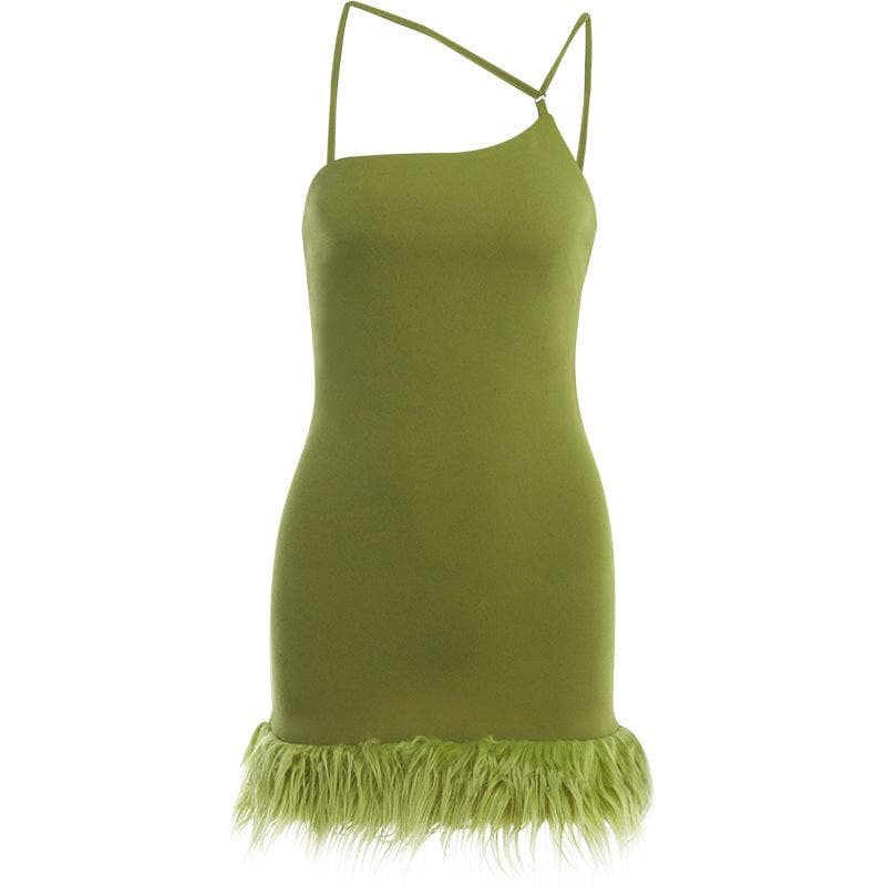 Asymmetric Neck Spaghetti Strap Feather Trim Bodycon Mini Dress