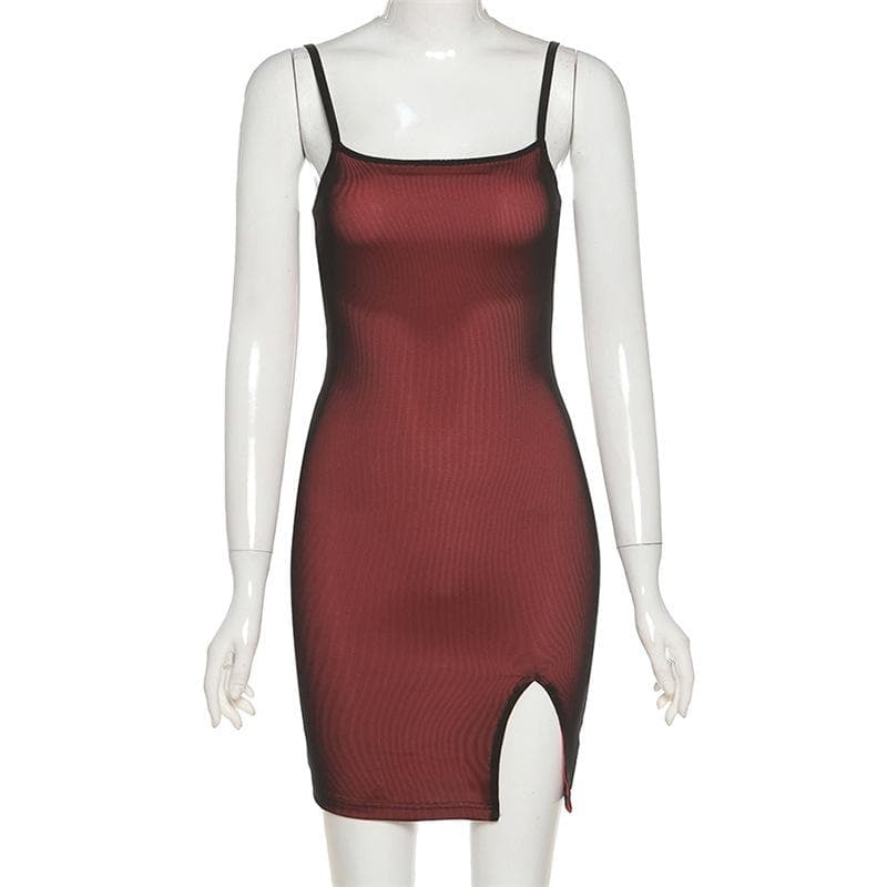 Square Neck Spaghetti Strap Ribbed Knit Side Slit Bodycon Mini Dress 9