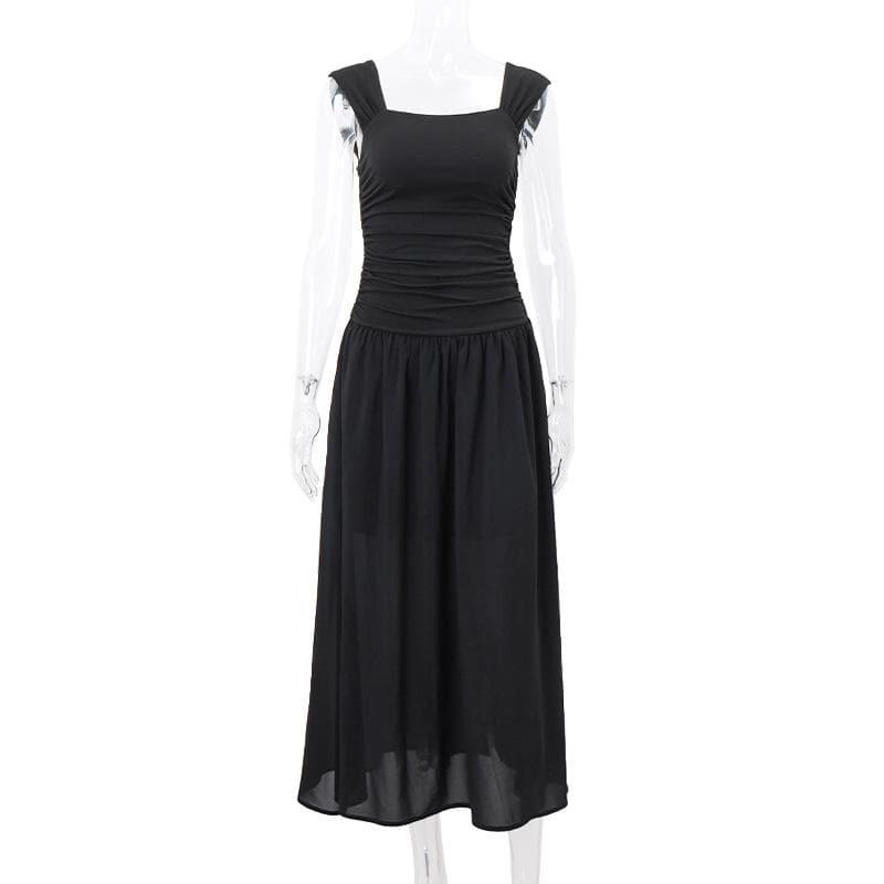 Square Neck Wide Strap Ruched Bodice Dropped Waist Gathered Maxi Dress 8