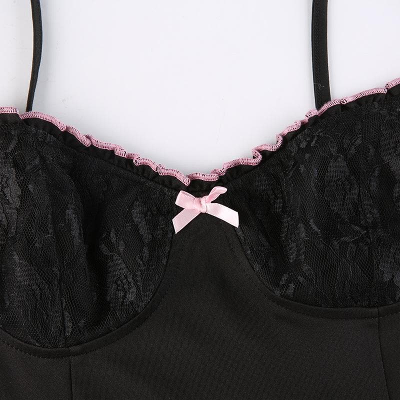 Sweetheart Lace Cup Bow Trim Front Slit Lace Panel Cami Mini Dress 6