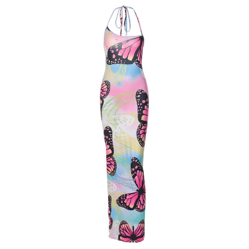 Butterfly Print Ruched Backless Halter Contrast Maxi Dress 2