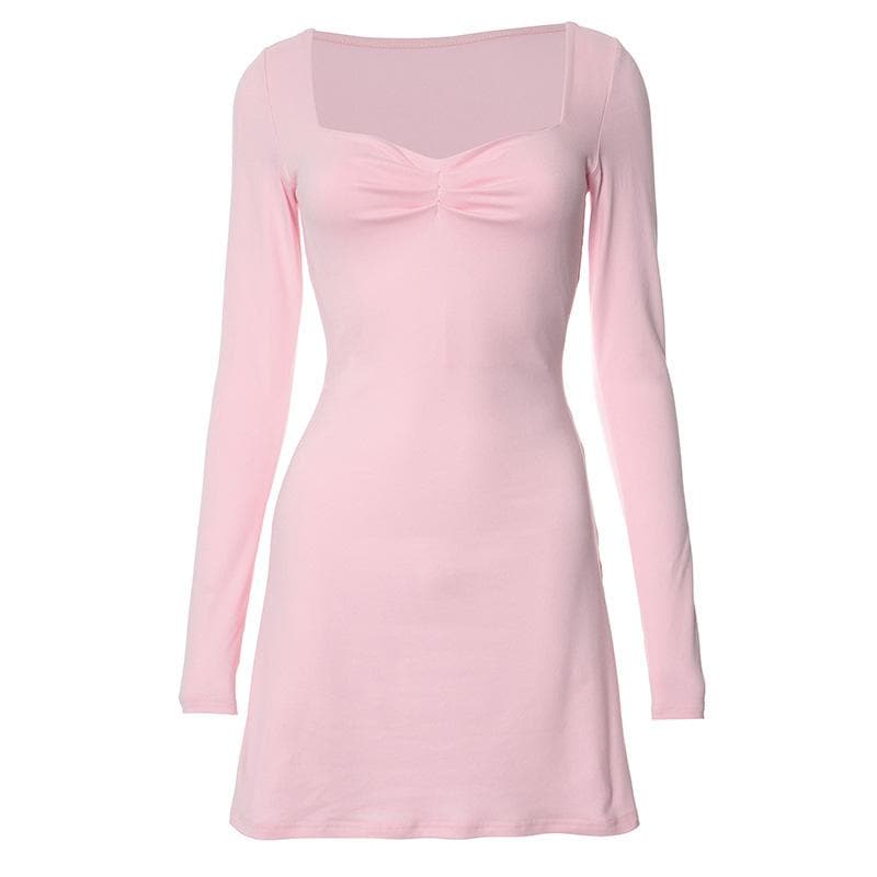 Square Neck Ruched Bust Long Sleeve Bodycon Mini Dress 3
