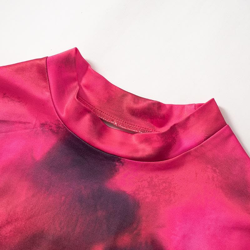 Tie Dye Print Mock Neck Thumbhole Long Sleeve Bodycon Maxi Dress 5