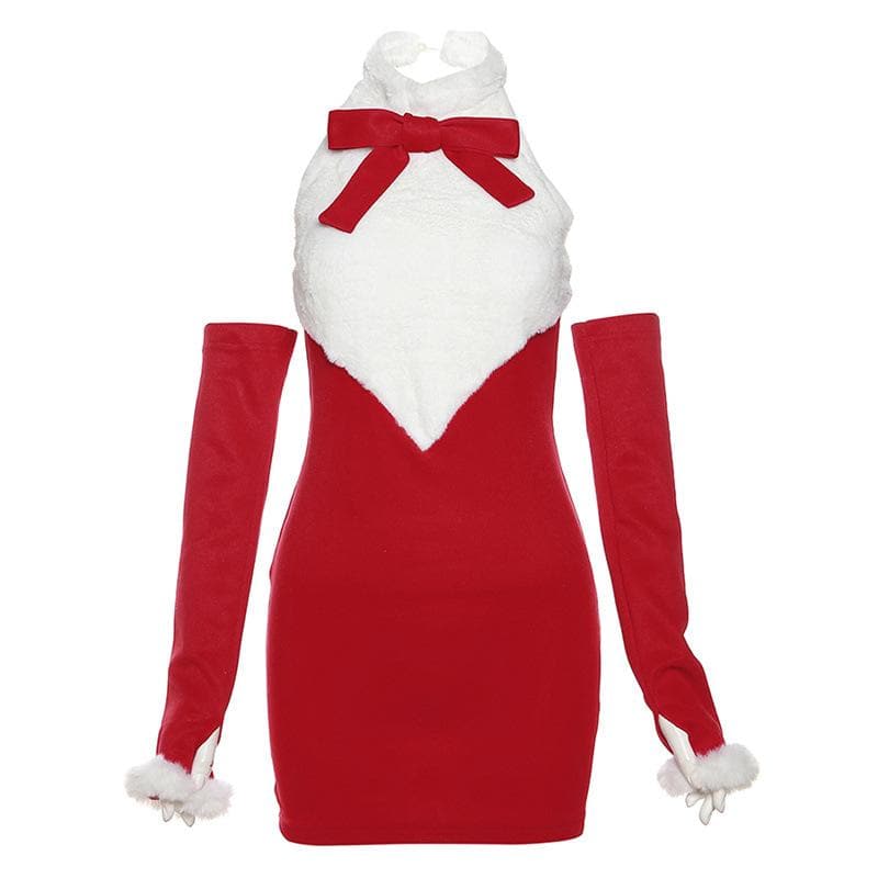 Faux Fur Collar Ribbon Bow Sleeveless Arm Warmer Mini Dress 9