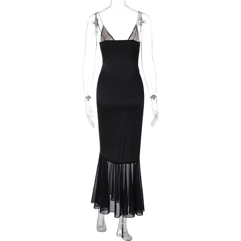Lace Patchwork Spaghetti Strap V Neck Mermaid Hem Midi Dress 3
