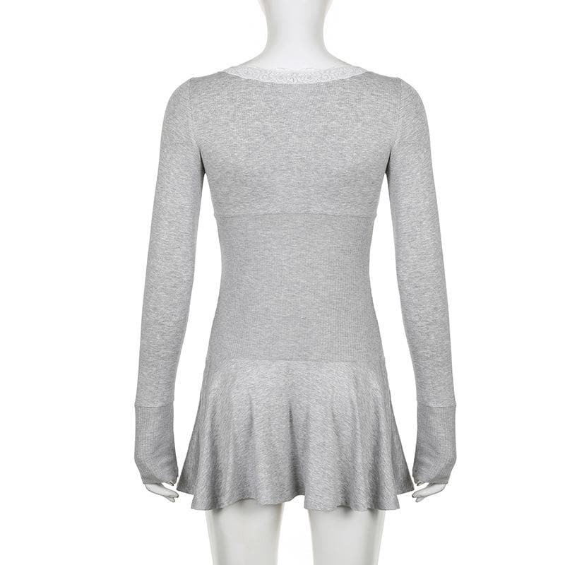 Lace Trim Scoop Neck Bow Empire Waist Ribbed Long Sleeve Flared Mini Dress 9