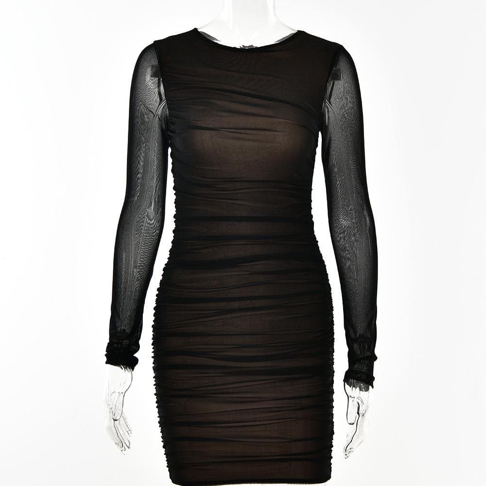 Crew Neck Sheer Mesh Long Sleeve Horizontal Ruched Bodycon Mini Dress 3