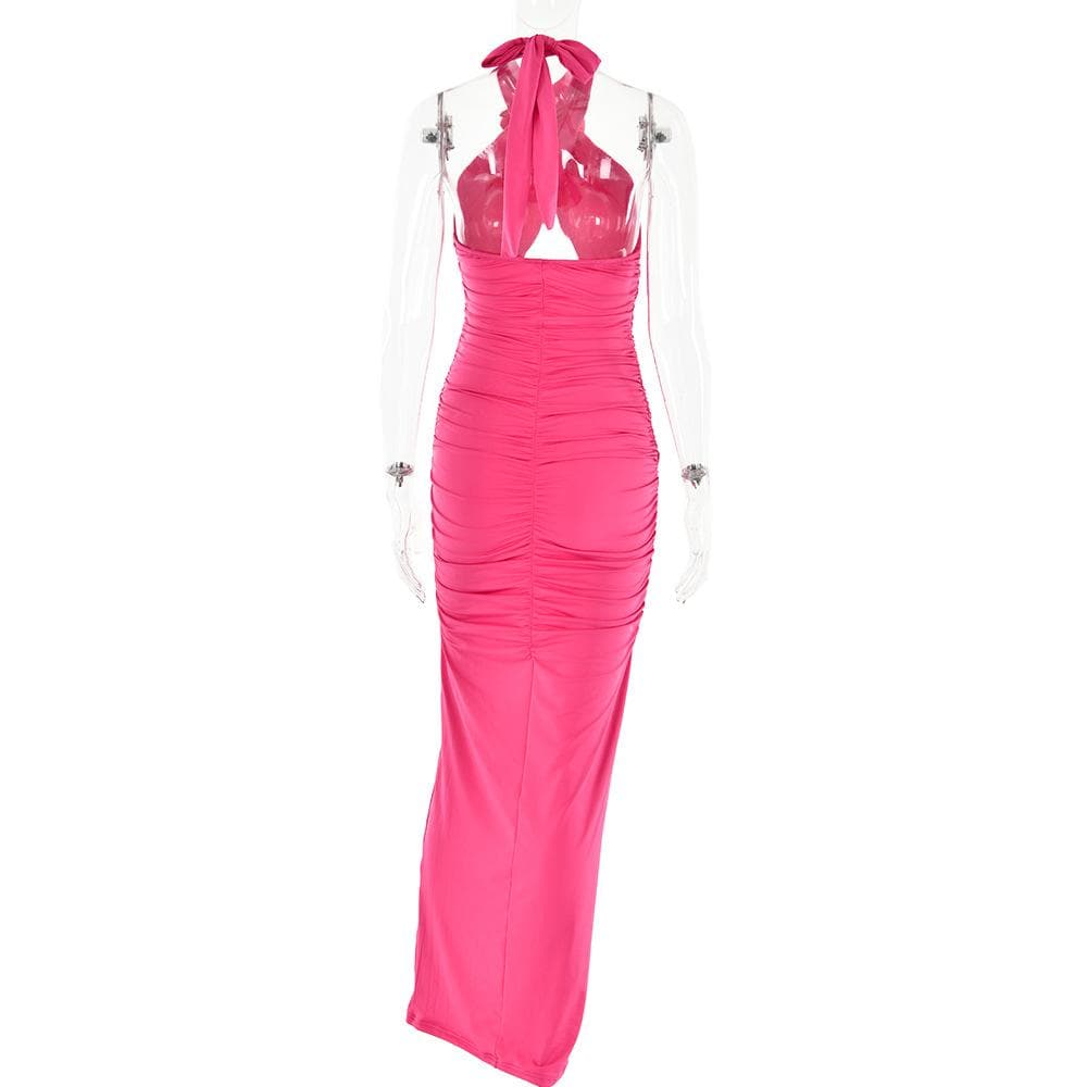 Halter Neck Flower Applique Cutout Cross Front Contrast Ruched Maxi Dress 6