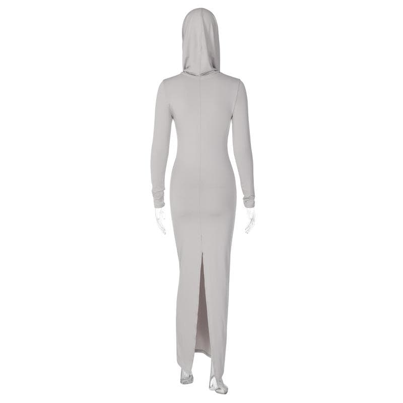 Hooded Long Sleeve Cowl Neck Side Slit Bodycon Maxi Dress 6