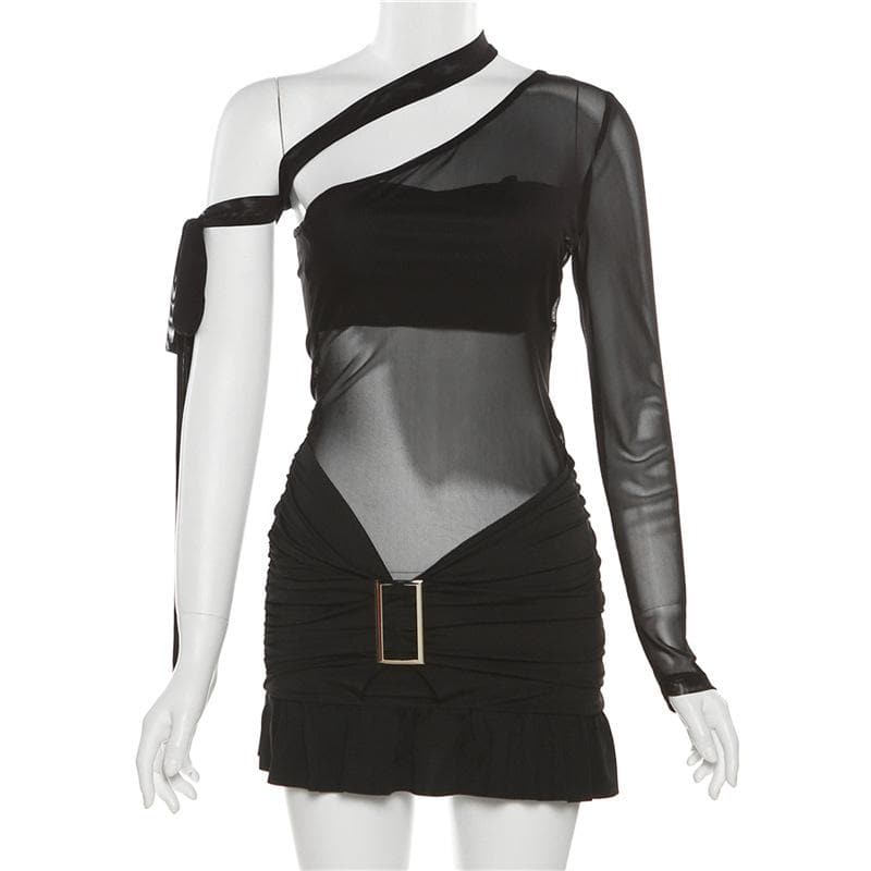One Shoulder Mesh Bodice Metal Buckle Ruched Low Rise Ruffle Hem Mini Dress 9
