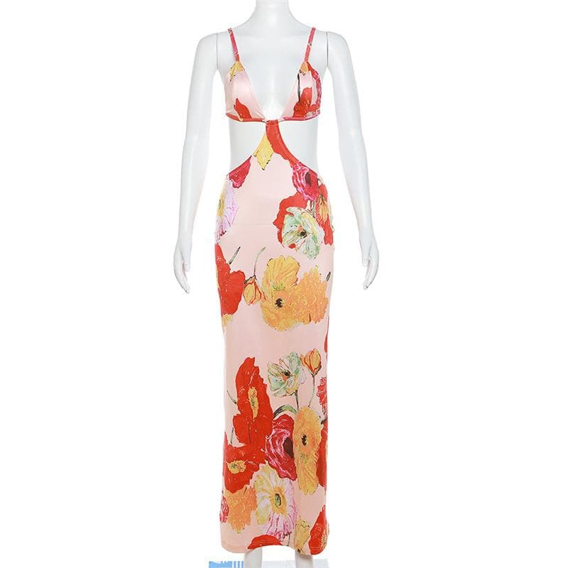 Floral Print Plunge Neck Waist Cutout Spaghetti Strap Maxi Dress 8