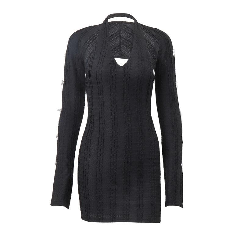 Deep V-Neck Halter Bow Sleeve Cutout Rib Knit Bodycon Mini Dress 2