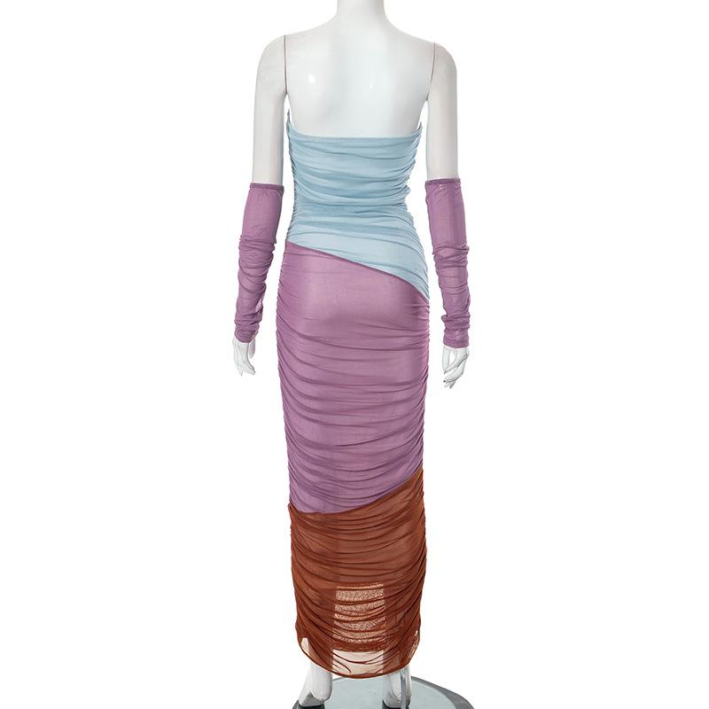 Off Shoulder Color Block Ruched Mesh Maxi Dress 4