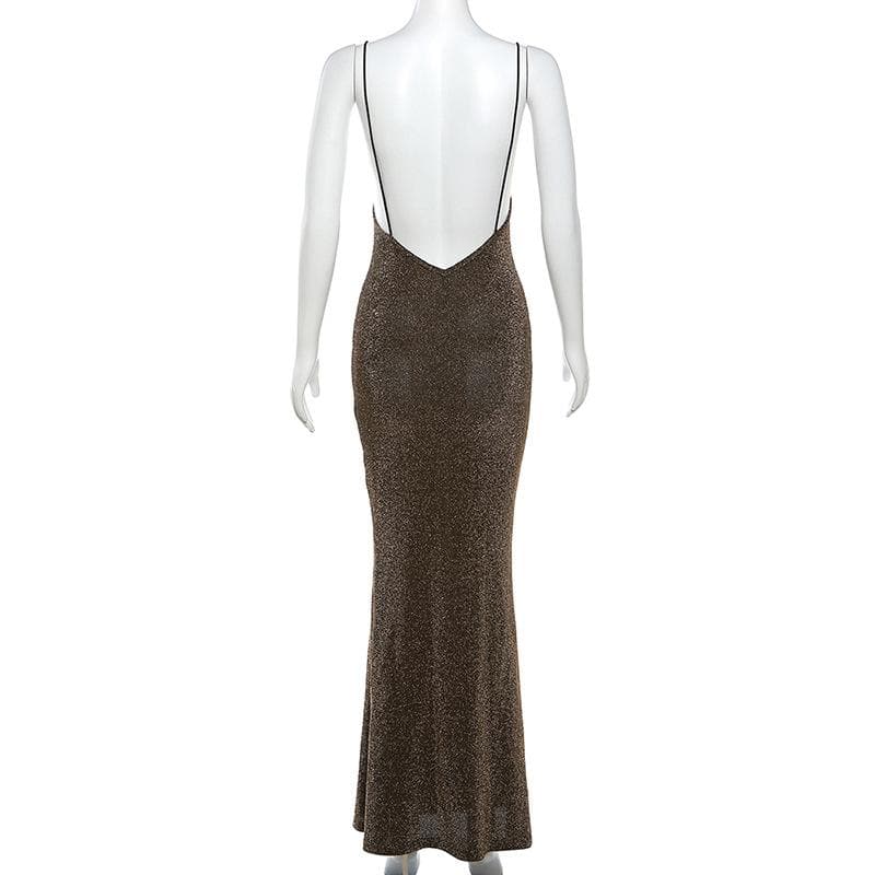 Spaghetti Strap Cowl Neck Glitter Metallic Backless Maxi Dress 4
