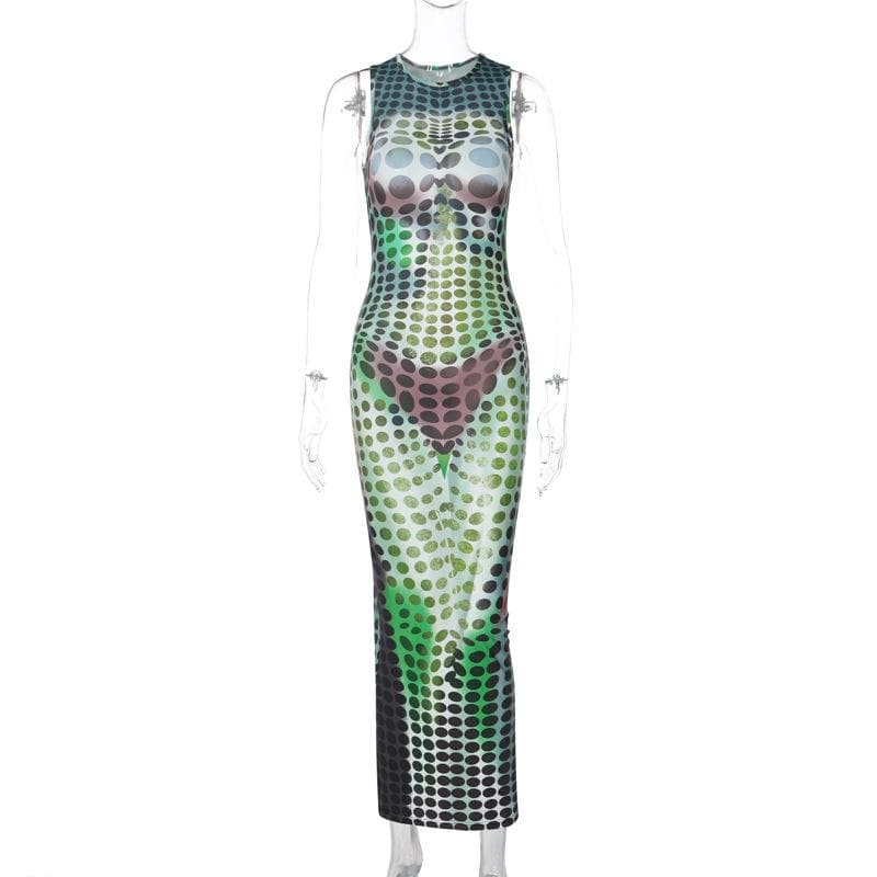 Crewneck Trompe Loeil Body Print Contrast Sleeveless Maxi Dress 2