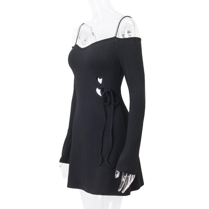 Ribbed Knit Off Shoulder Heart Cutout Lace Up Long Sleeve Mini Dress 3