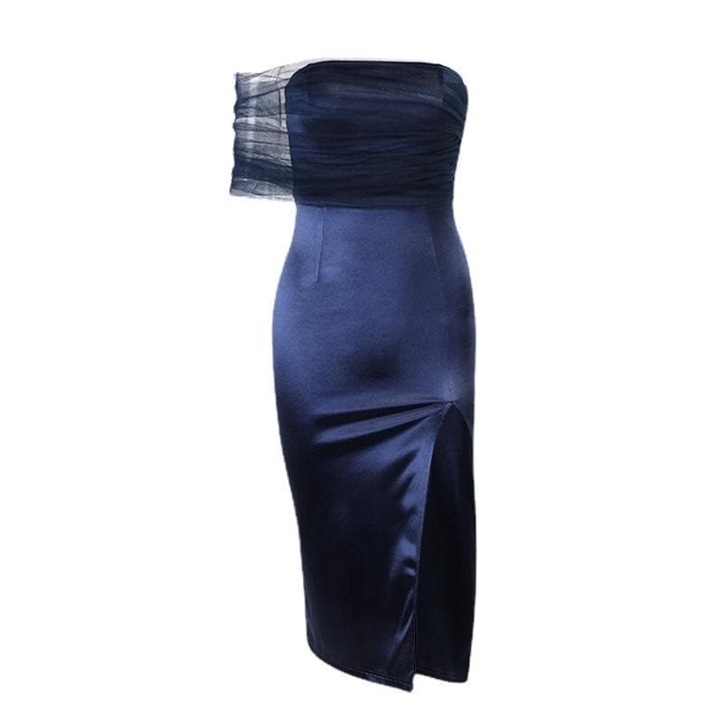Strapless Mesh Overlay Ruched Side Panel Slit Midi Dress