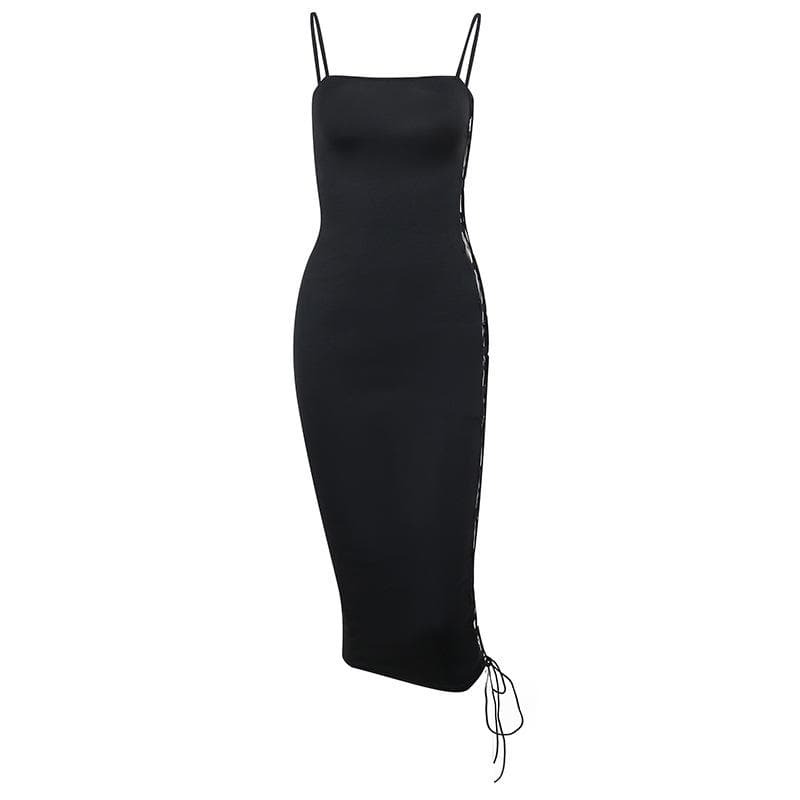 Square Neck Spaghetti Strap Side Lace Up Cutout Bodycon Midi Dress