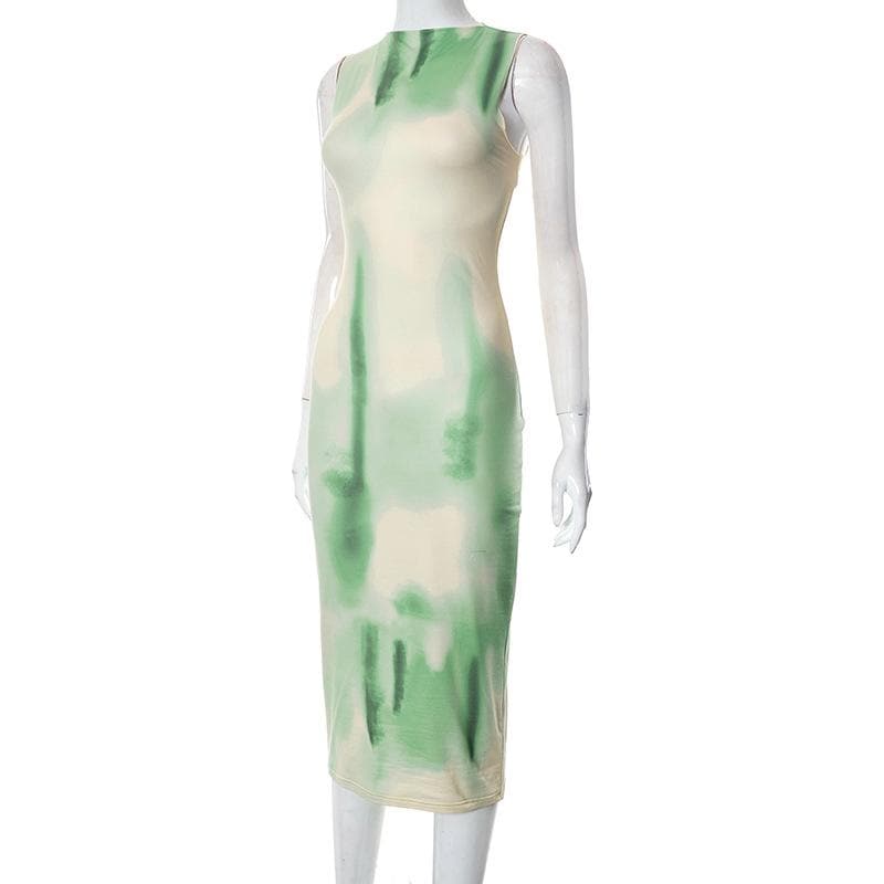 Mock Neck Sleeveless Abstract Tie Dye Bodycon Midi Dress 3