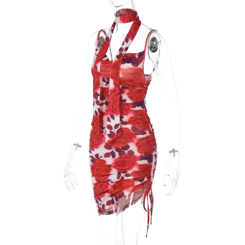Floral Print Ruched Drawstring Side Spaghetti Strap Midi Dress 3