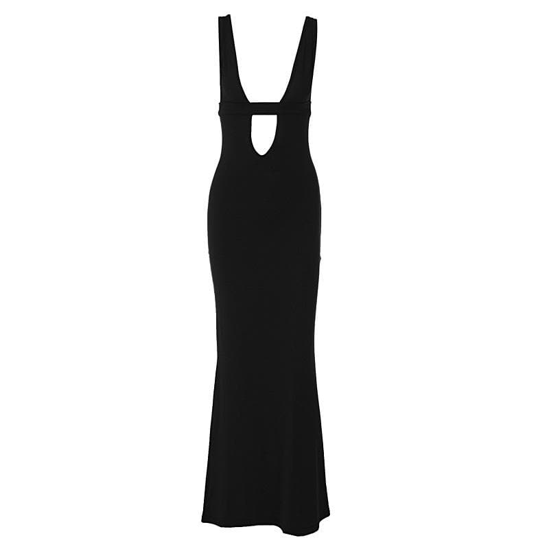 Wide Strap Deep Plunge Oval Cutout Bodycon Column Maxi Dress 2
