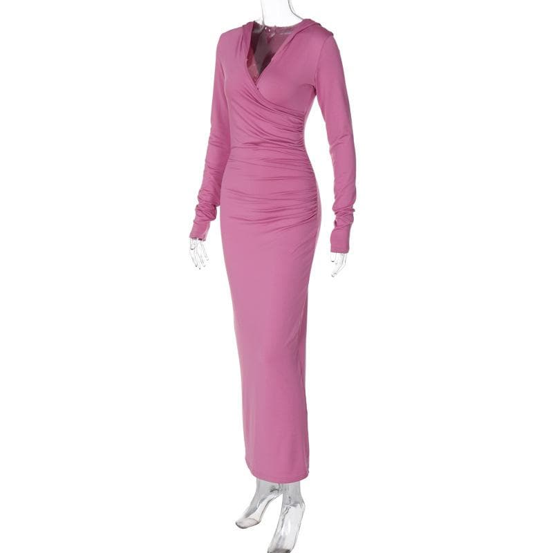 Hooded V-Neck Wrap Ruched Long Sleeve Bodycon Maxi Dress 3