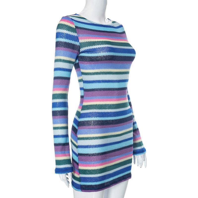 Boat Neck Long Sleeve Horizontal Stripe Knit Bodycon Mini Dress 3