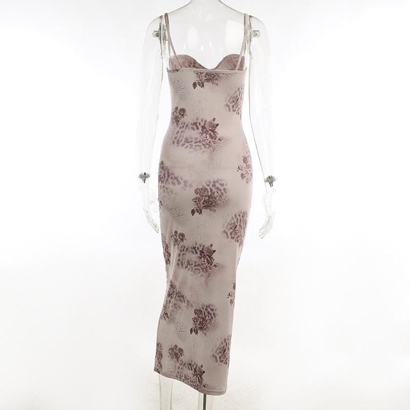 Floral Spotted Print Sweetheart Bustier Spaghetti Strap Bodycon Maxi Dress 4