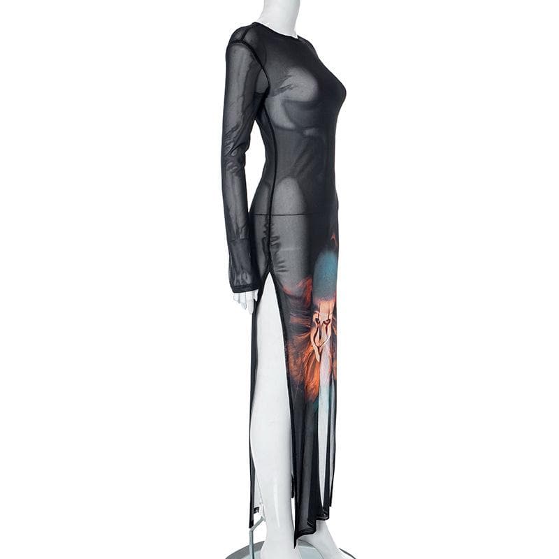 Pennywise Clown Graphic Print Sheer Mesh Long Sleeve Crew Neck Maxi Dress 3