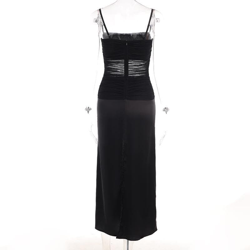 Square Neck Ruched Mesh Satin Panel Maxi Dress 8