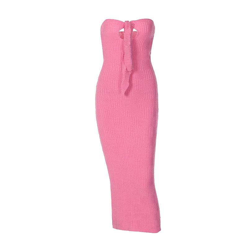 Strapless Sweetheart Basketweave Knit Keyhole Tie Front Column Midi Dress