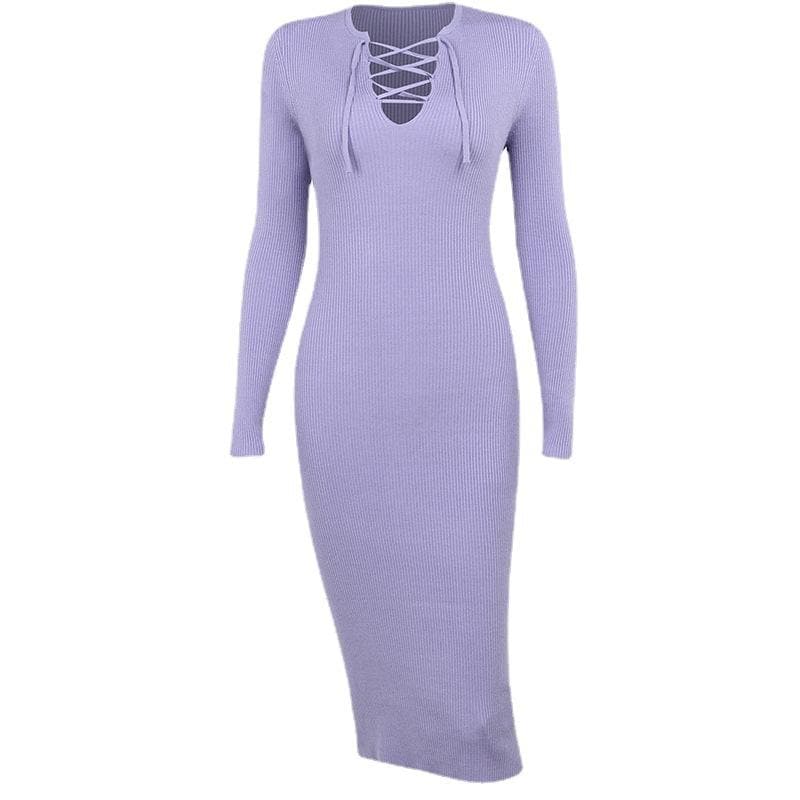Round Neck Long Sleeve Ribbed Lace Up Chest Cutout Midi Dress