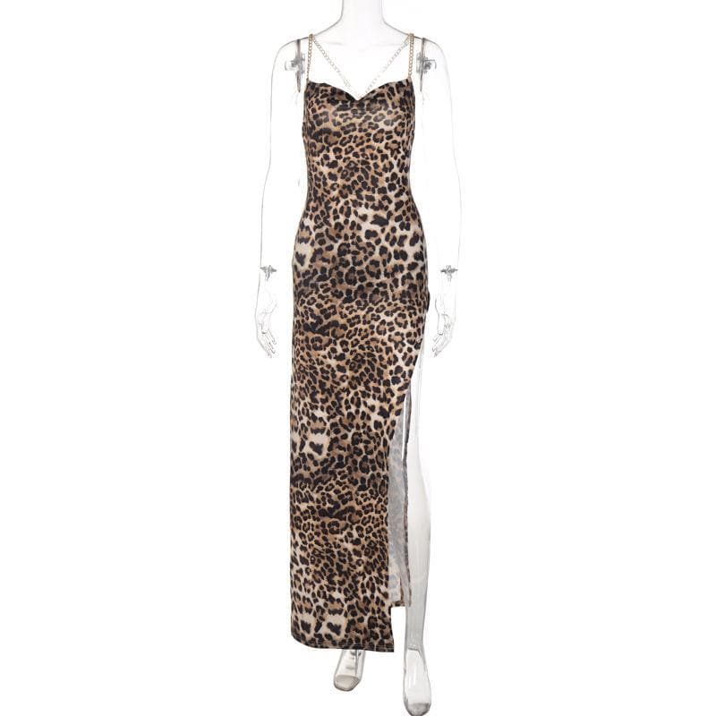 Print Chain Strap Cowl Neck High Slit Maxi Dress 8