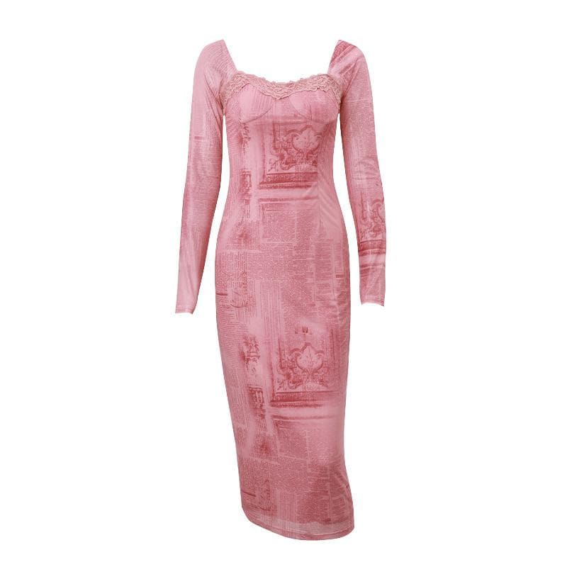 Newspaper Print Square Neck Lace Trim Bodycon Midi Dress
