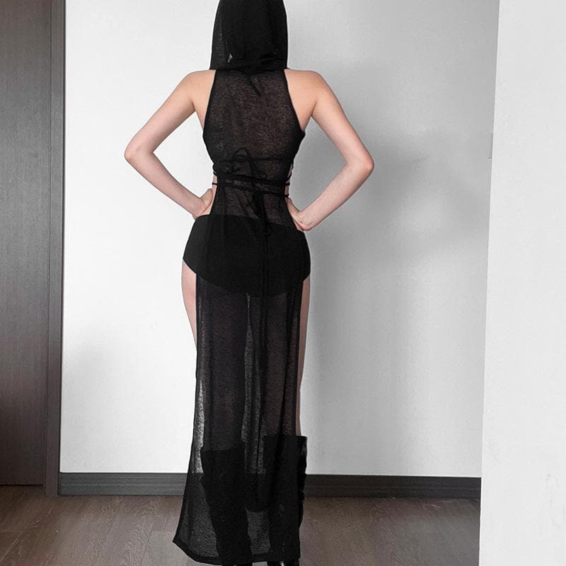 Sleeveless Hooded Mask Keyhole Cutout Sheer Panel Maxi Dress 3