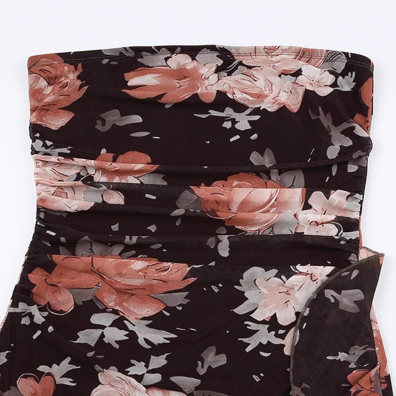 Strapless Floral Print Ruched Mesh Cascade Ruffle Mini Dress 5