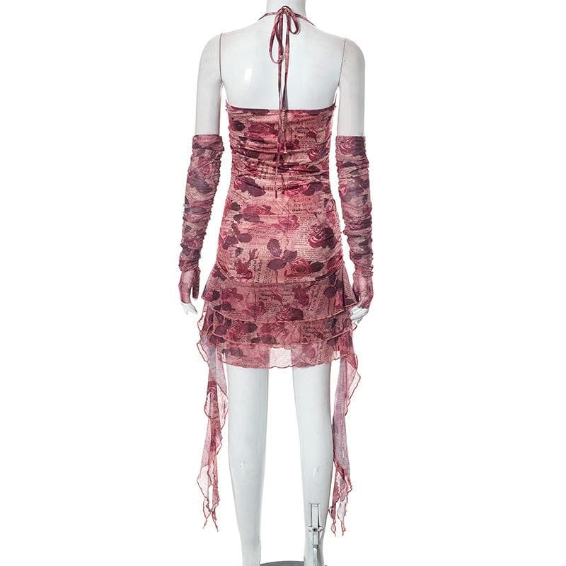 Newspaper Floral Print Halter Heart Buckle Cutout Ruched Ruffle Mini Dress 4