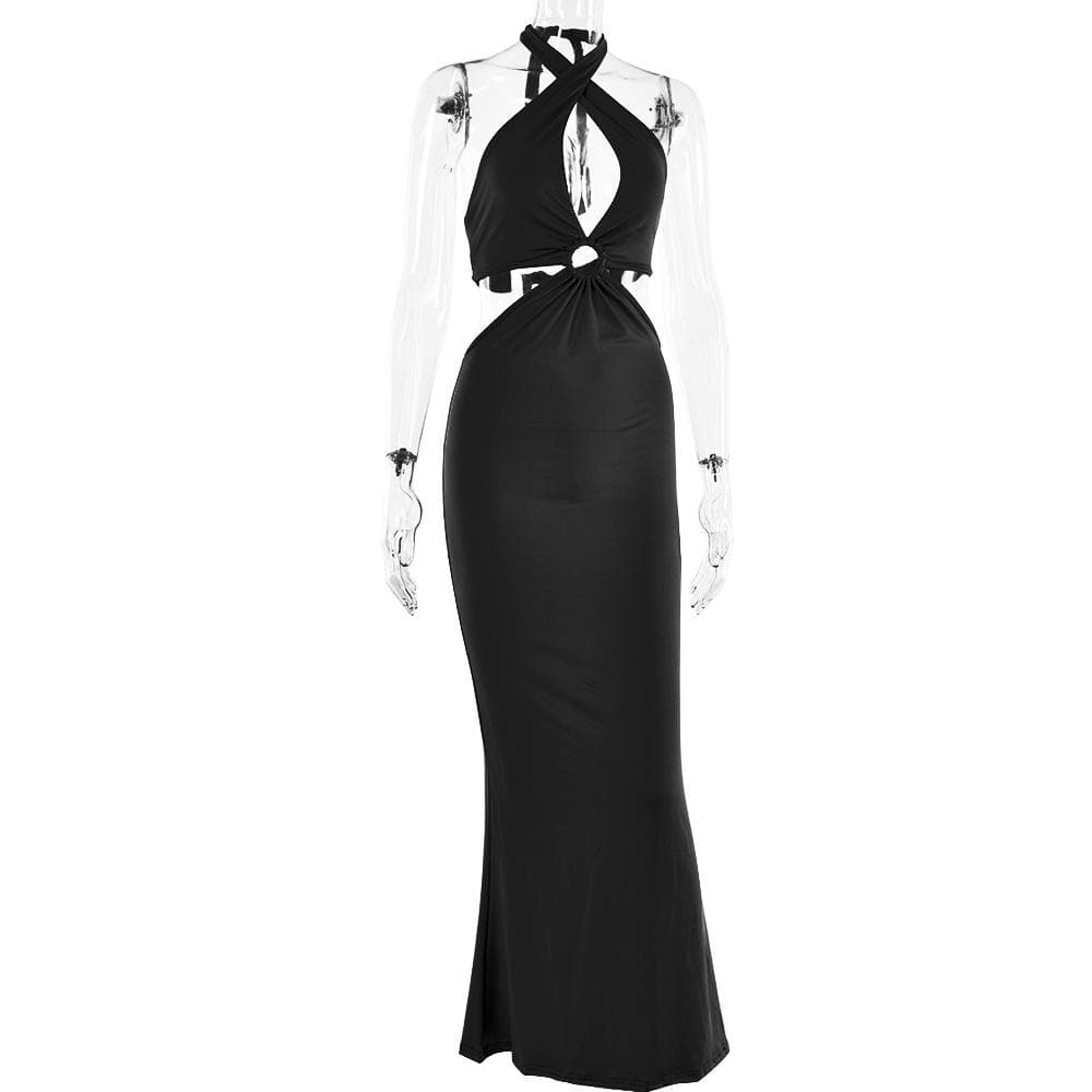 Cross Front Halter O-Ring Cutout Backless Self-Tie Maxi Dress 4