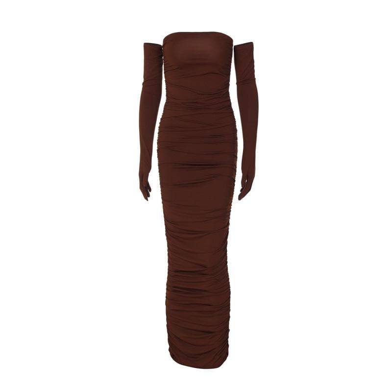 Strapless Ruched Bodycon Midi Dress with Matching Opera Gloves 2
