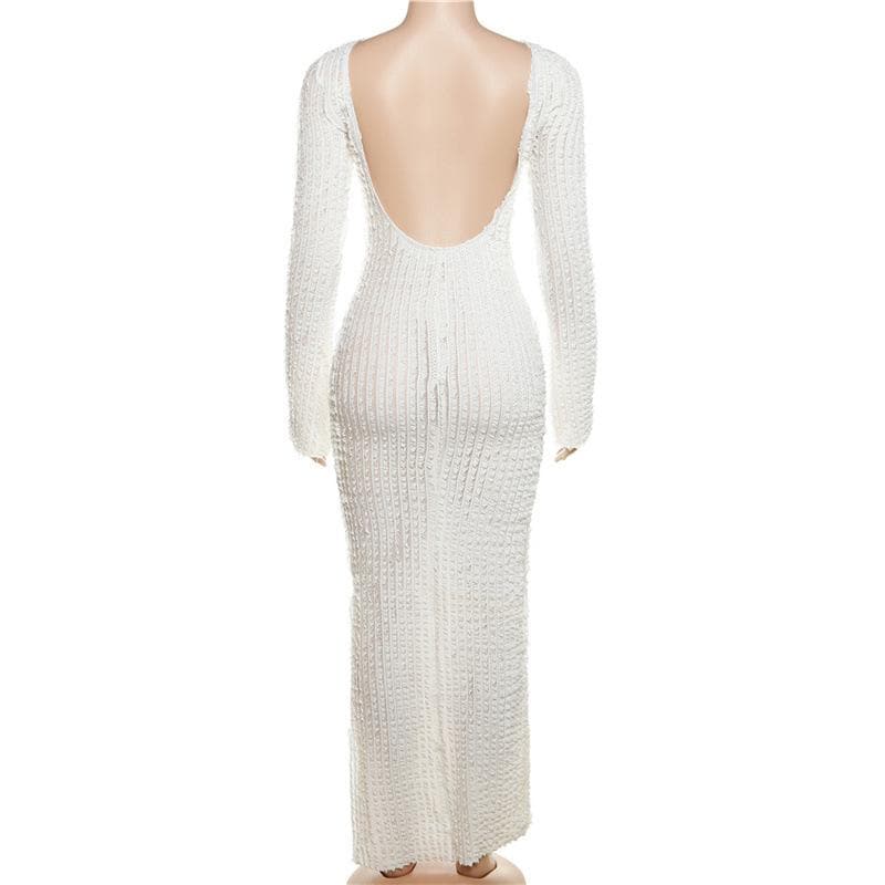 Crew Neck Long Sleeve Popcorn Knit Bodycon Maxi Dress 3