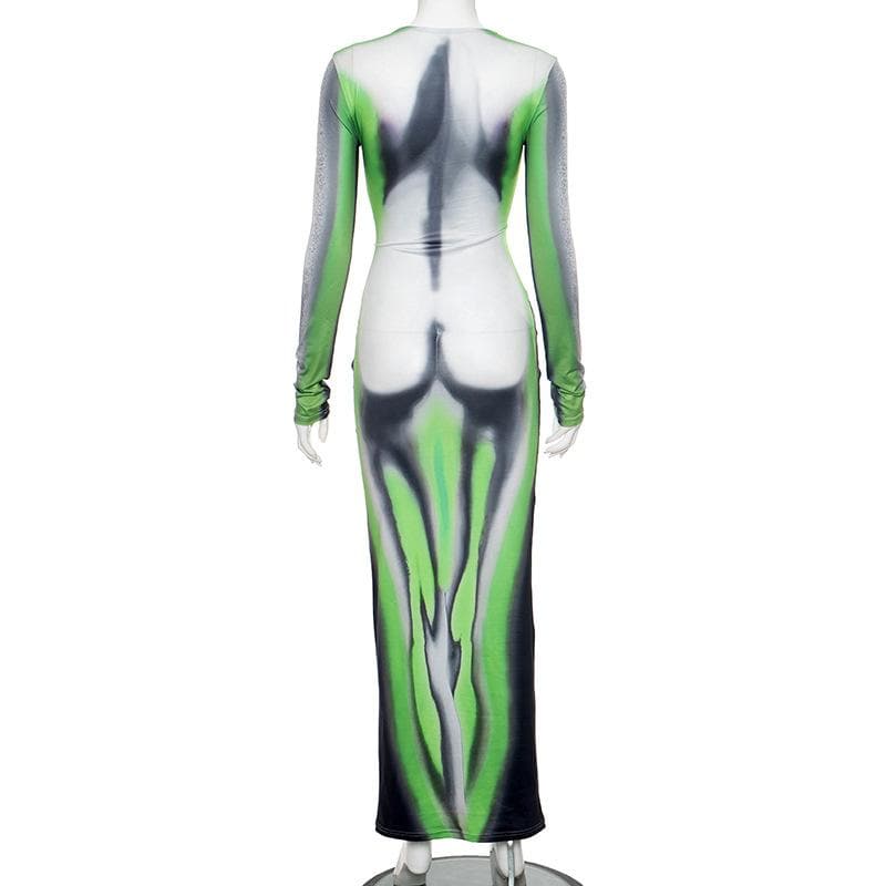 Crew Neck Long Sleeve Body Print Harness Belt Illusion Maxi Dress 3